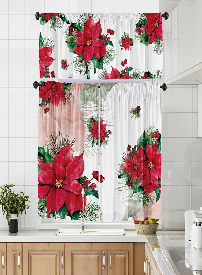 Deztibos Christmas Poinsettia Curtain Valances Set - Upper & Lower Curtains, 52'' L x 18'' W & 36'' L x 26'' W, Kitchen Windows Decor, 3 Piece Set, Red - Image 4